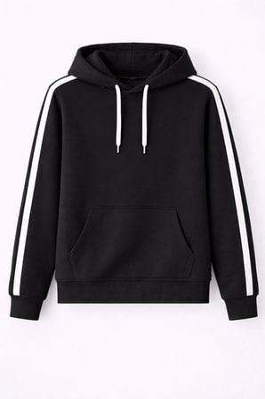Erkek Şeritli Kapüşonlu Sweatshirt Oversize 3 iplik Pamuklu - Siyah