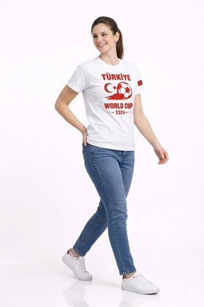 Kadın Türkiye World Cup 2026 Baskılı Tişört Futbol Temalı Forma T-Shirt - Beyaz