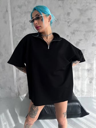 Yarım Fermuarlı Basic T-Shirt - Siyah