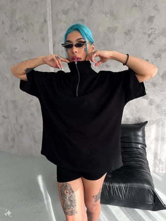 Yarım Fermuarlı Basic T-Shirt - Siyah