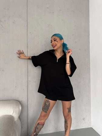 Yarım Fermuarlı Basic T-Shirt - Siyah