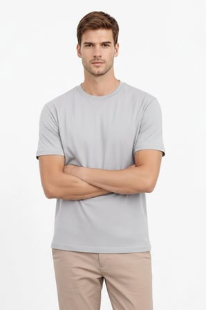 Erkek Bisiklet Yaka Yazlık Kısa kol Düz Tişört Regular Kalıp T-shirt - Gri