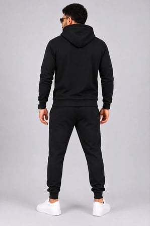 Erkek İki İplik Kapüşonlu Kanguru Cepli Sweatshirt Jogger Pantolon Alt Üst Eşofman Takımı -Siyah