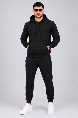 Erkek İki İplik Kapüşonlu Kanguru Cepli Sweatshirt Jogger Pantolon Alt Üst Eşofman Takımı -Siyah
