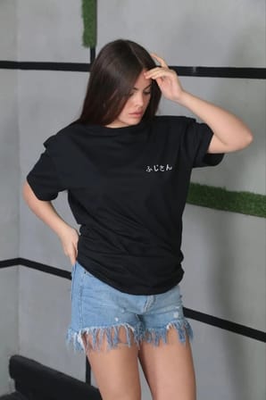 Bisiklet Yaka Baskılı Oversize T-Shirt - Siyah