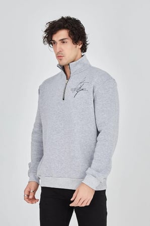 Marsilyan Erkek Çocuk Sweatshirt Yarım Fermuarlı Baskılı Gri Pamuklu 3 İplik