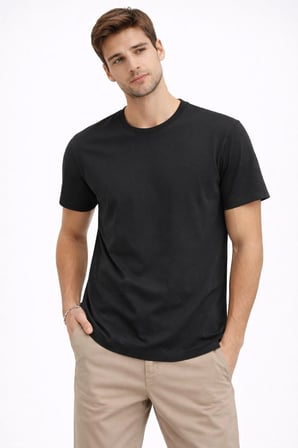 Erkek Bisiklet Yaka Yazlık Kısa kol Düz Tişört Regular Kalıp T-shirt - Siyah