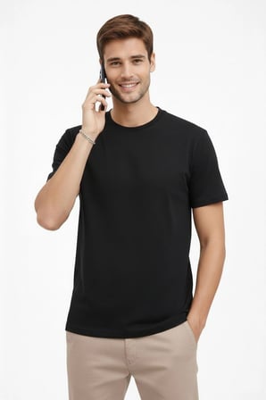 Erkek Bisiklet Yaka Yazlık Kısa kol Düz Tişört Regular Kalıp T-shirt - Siyah
