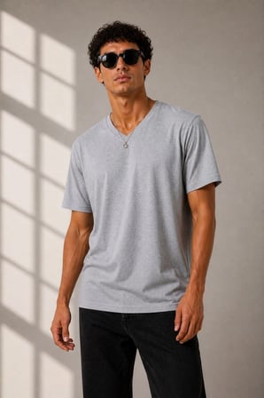 Marsilyan Erkek V Yaka Basic Tişört Gri 2XL Yazlık Pamuk Regular Fit
