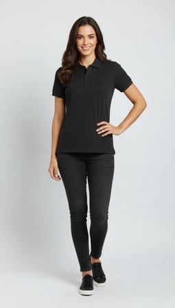 Kadın Polo Yaka Tişört Pike Kumaş Kısa Kol Regular Fit Yazlık T-Shirt - Siyah