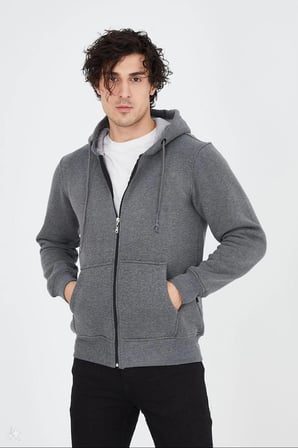 Tam Fermuarlı Kapşonlu  SweatShirt - Füme
