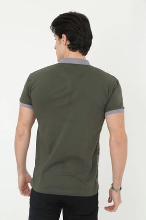 Yakalı Slim Fit Baskılı T-Shirt - Haki