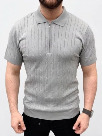 Erkek Yazlık Triko Saç Örgü Tişört Kısa Kol Polo Yaka Fermuarlı T-Shirt - Gri