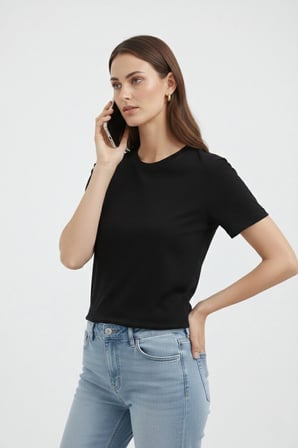 Kadın Bisiklet Yaka Yazlık Kısa kol Düz Tişört Regular Kalıp T-shirt - Siyah