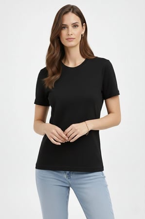 Kadın Bisiklet Yaka Yazlık Kısa kol Düz Tişört Regular Kalıp T-shirt - Siyah