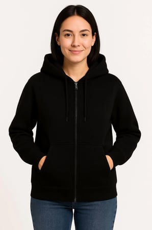 Üç İplik Kapüşonlu Tam Fermuarlı Kanguru Çepli SweatShirt Hoodie - Siyah