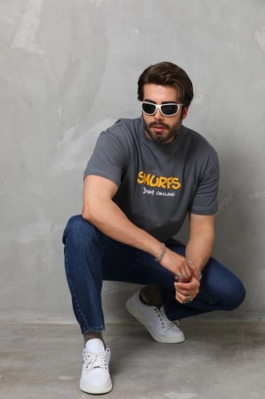 Marsilyan Unisex Bisiklet Yaka Oversize Penye Tişört Füme Baskılı XL