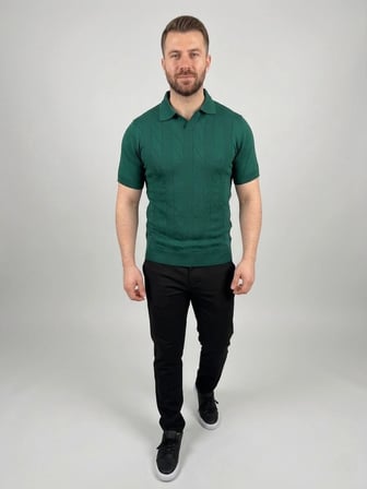 Erkek Yazlık Triko Dokuma Tişört Kısa Kol Polo Yaka T-Shirt - Koyu Yeşil