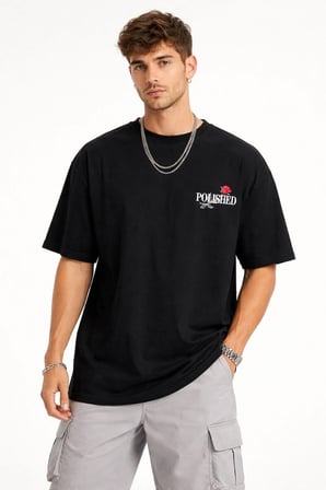 Erkek Kısa Kol Yazlık Tişört Bisiklet Yaka Baskılı Oversize T-Shirt - Siyah