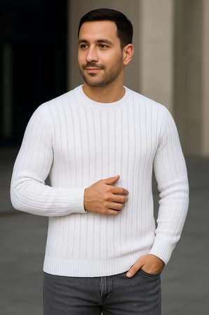 Bisiklet Yuvarlak Yaka Triko Kazak Pamuklu Kalın Fitilli Dokuma, Regular Fit Uzun Kollu Kışlık Model - Beyaz