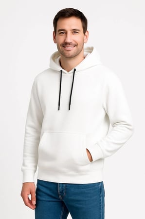 Üç İplik Kapüşonlu Kanguru Cepli SweatShirt hoodie - Beyaz