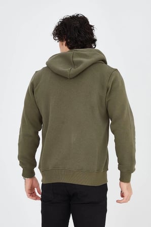 Erkek 3 İplik Pamuklu Fermuarlı Kapüşonlu Kanguru Cepli Baskılı Hoodie - Yeşil