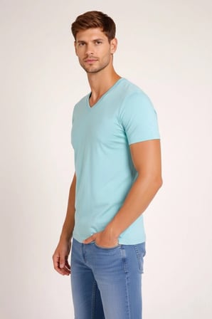 Erkek Body T-shirt V Yaka Slim Fit Likralı Kısa kol Tişört - Turkuvaz