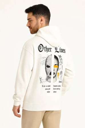 Kapşonlu Sweatshirt – Oversize “Other Lives” Ön  Arka Baskılı- Beyaz