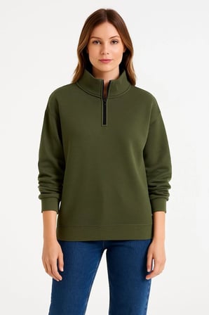 Kadın 3 iplik Dık Yaka Yarım Fermuarlı SweatShirt - Haki