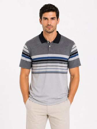 Erkek Flamlı Penye Çizgili Polo Yaka Tişört Kısa Kol Yazlık T-Shirt - Gri