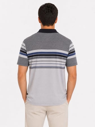 Erkek Flamlı Penye Çizgili Polo Yaka Tişört Kısa Kol Yazlık T-Shirt - Gri