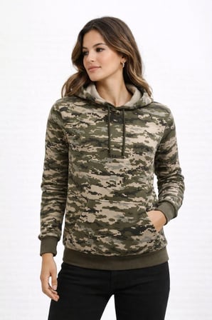 Kadın Kamuflaj Desenli 2 İplik 4 Mevsim Kapüşonlu Kanguru Cepli Hoodie Sweatshirt - Kamuflaj