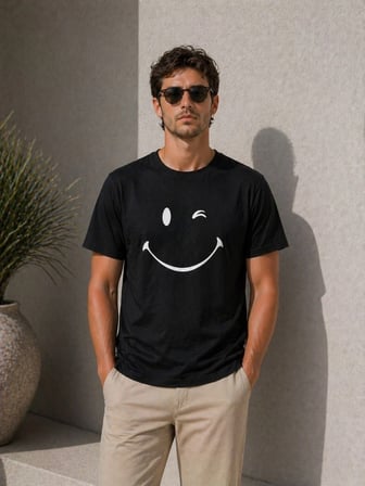 Erkek Minimal Gülümseyen Yüz Baskılı Tişört Kısa Kol Yazlık T-Shirt - Siyah