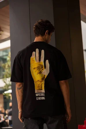 Bisiklet Yaka Baskılı Oversize T-Shirt - Siyah