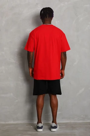 Oversize Düz Bisiklet Yaka T-Shirt - Kırmızı