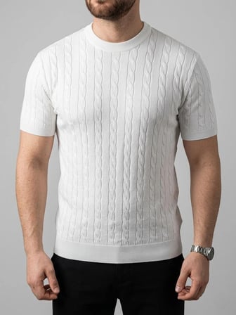 Erkek Yazlık Triko Dokuma Tişört Kısa Kol Bisiklet Yaka Örgü Desenli T-Shirt - Beyaz
