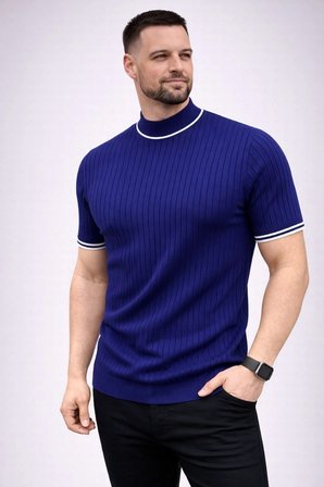 Erkek Fitilli Triko Dokuma Kısa Kol Tişört Yarım Boğaz Modern Yazlık T-Shirt - Lacivert