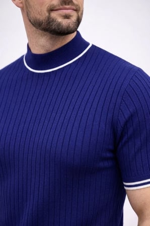 Erkek Fitilli Triko Dokuma Kısa Kol Tişört Yarım Boğaz Modern Yazlık T-Shirt - Lacivert