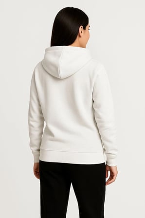Üç İplik Kapüşonlu Tam Fermuarlı Kanguru Çepli SweatShirt Hoodie - Beyaz