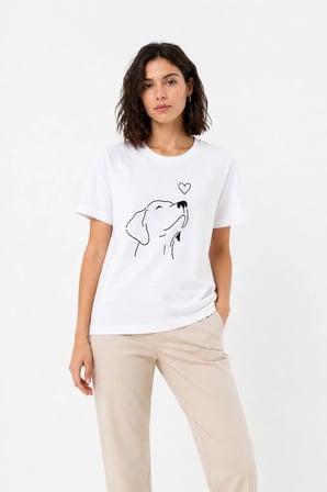 Kadın Köpek Figürlü Minimal Baskılı Tişört Kısa Kol Yazlık T-Shirt - Beyaz
