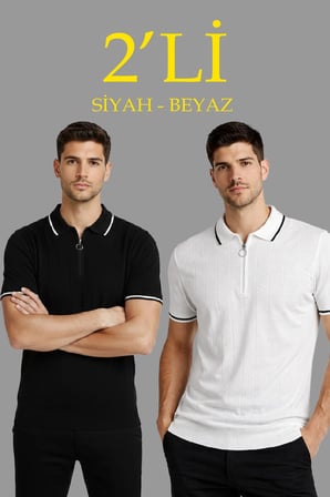 Erkek Triko Tişört Fermuarlı Polo Yaka Yazlık Kısa Kol T-Shirt 2’li Set Beyaz-Siyah