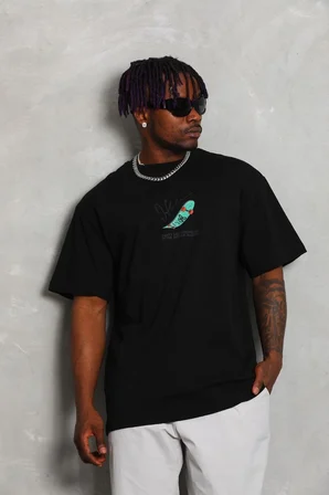 Oversize Baskılı Bisiklet Yaka T-Shirt - Siyah