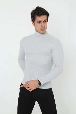 Erkek Fitilli Kaşkorse Kumaş Boğazlı Full Likralı Slimfit Body - Gri