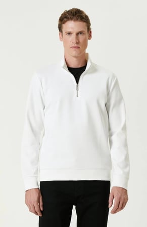Uzun Kol Yarım Farmuarlı Yakalı Basic SweatShirt - Beyaz