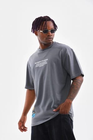 Bisiklet Yaka Baskılı Oversize T-Shirt - Gri