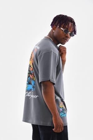 Bisiklet Yaka Baskılı Oversize T-Shirt - Gri