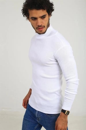 Kaşkorse Boğazlı Full Likralı Fitilli Body Kazak - Beyaz
