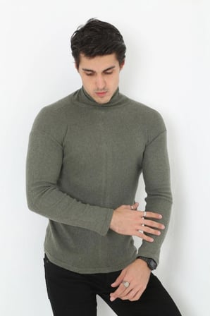Erkek Fitilli Kaşkorse Kumaş Boğazlı Full Likralı Slimfit Body - Haki