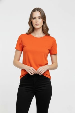 Kadın T-Shirt Bisiklet Yaka Slim Fit Likralı Tişört Yazlık Basic Body - Turuncu