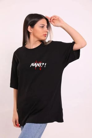 Bisiklet Yaka Baskılı Oversize T-Shirt - Siyah